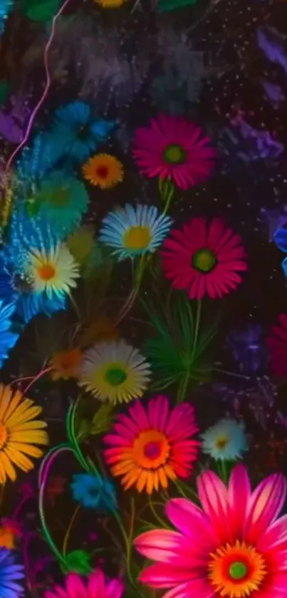 Vibrant and colorful abstract floral wallpaper with vivid flowers on a dark background.