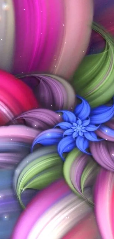 Vibrant abstract floral design in pink, green, and blue hues for mobile wallpaper.