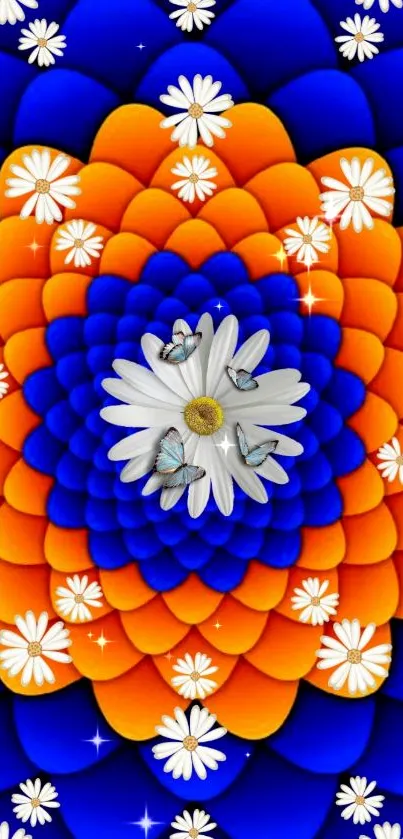 Vibrant blue and orange floral wallpaper with daisies and butterflies.