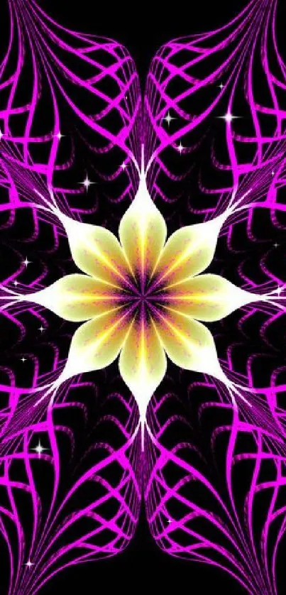 Abstract floral wallpaper with vibrant purple and yellow colors on a dark background.