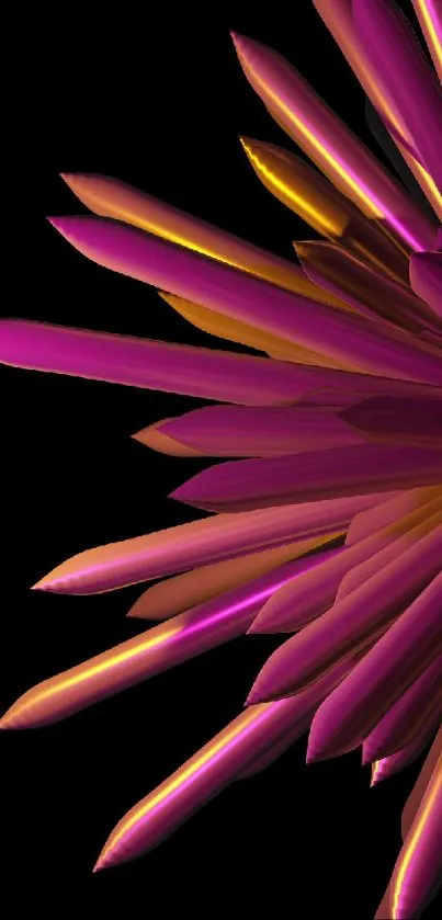 Vibrant pink and gold abstract flower design on black background.