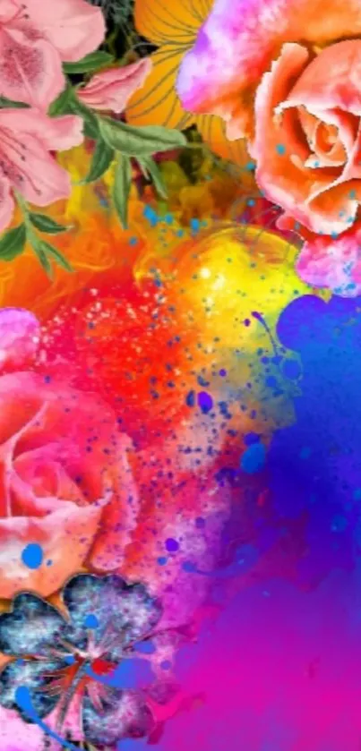 Vibrant floral abstract wallpaper with colorful splashes.