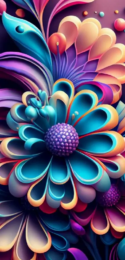 Vibrant abstract floral wallpaper with 3D colorful flowers.