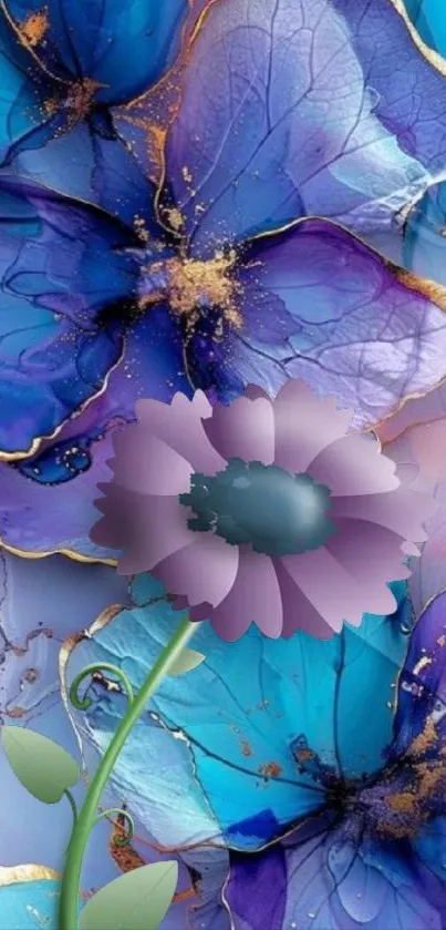 Vibrant abstract flower art in blue and purple tones with golden accents.