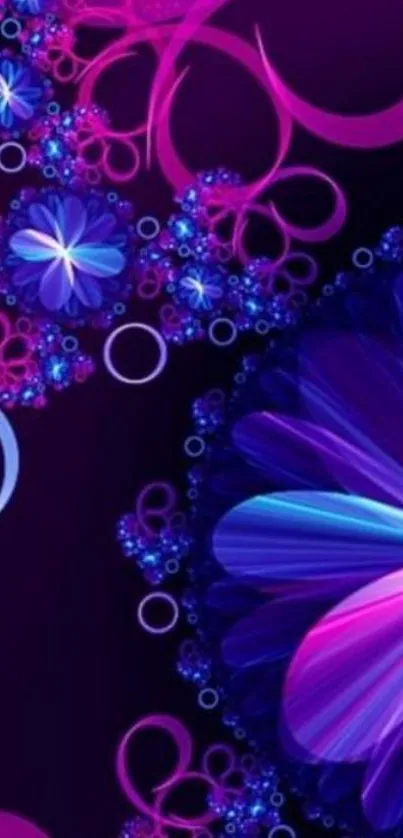 Vibrant purple and blue floral abstract wallpaper design.