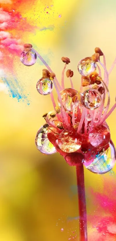 Vibrant abstract floral art with colorful splashes on a yellow backdrop.