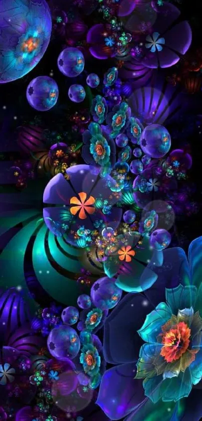 Vibrant abstract wallpaper with blue and purple floral designs.