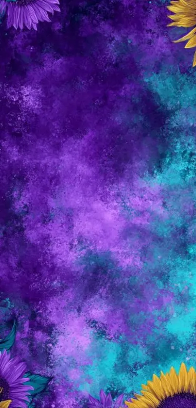 Vibrant purple and teal floral abstract wallpaper with sunflowers.