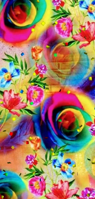 Colorful abstract floral wallpaper with vibrant roses and flowers.