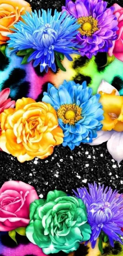 Colorful floral pattern on abstract black background.