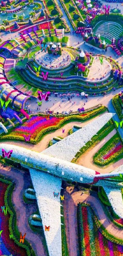 Aerial view of vibrant floral garden with plane-shaped exhibit.