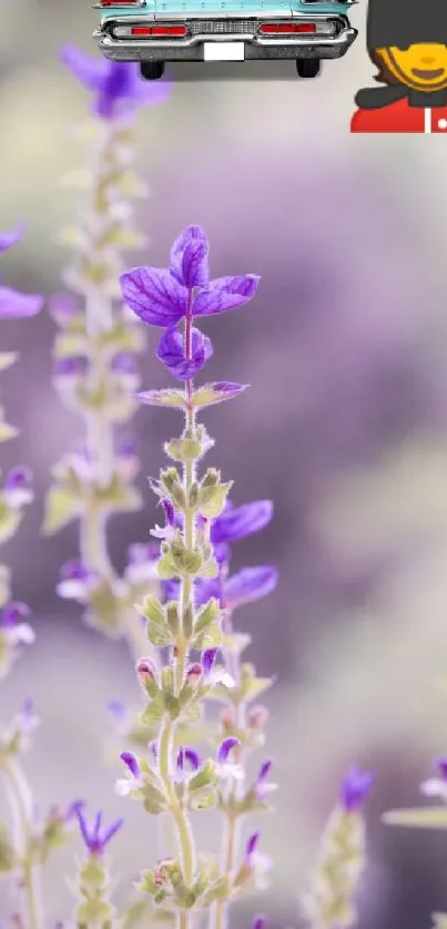 Purple floral phone wallpaper with blurred background.