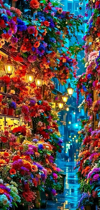 A vibrant floral alleyway with colorful flowers and lantern lights.