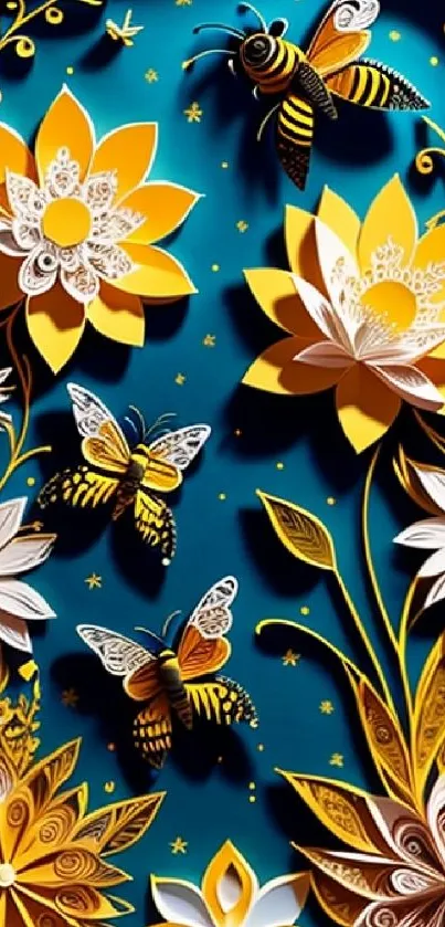 Colorful paper art with flowers and bees on a teal background.