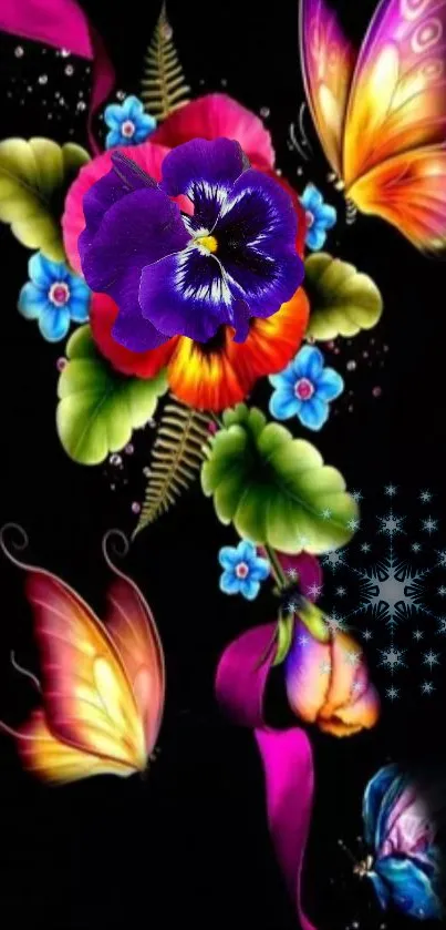 Colorful floral and butterfly art on a black background.