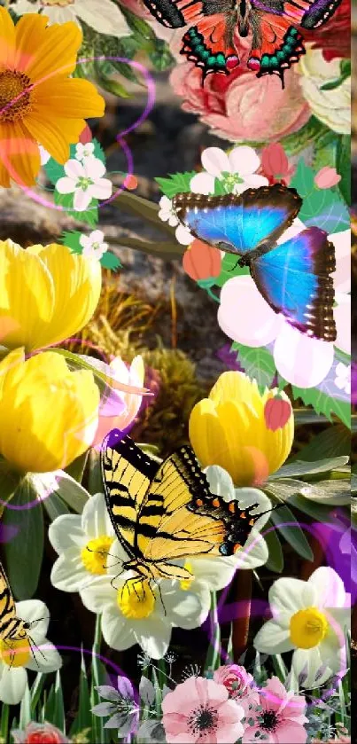 Vibrant floral and butterfly smartphone wallpaper with yellow flowers.