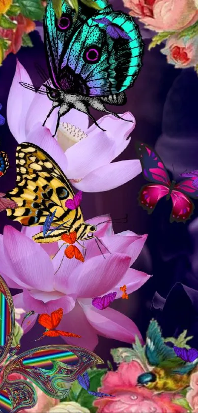 Colorful floral wallpaper with butterflies.