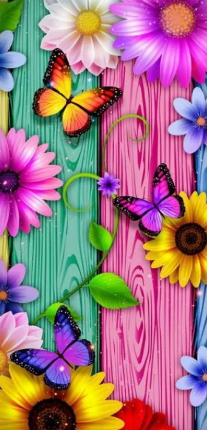 Colorful floral and butterfly wallpaper on wood background.