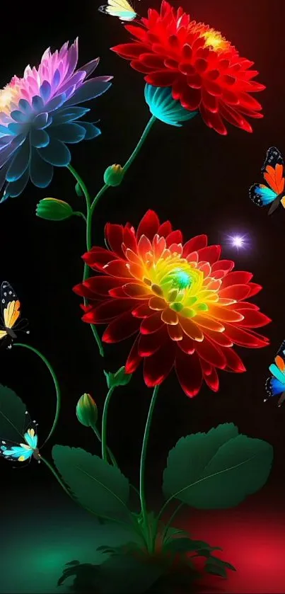 Vibrant flowers and butterflies on a dark background.