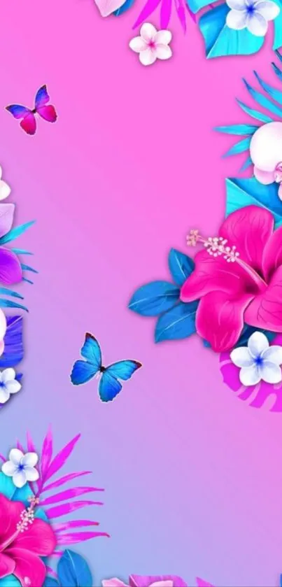 Vibrant floral and butterfly art with pink background.