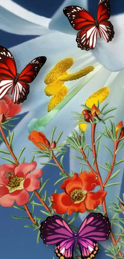 Vibrant butterflies and flowers on blue background