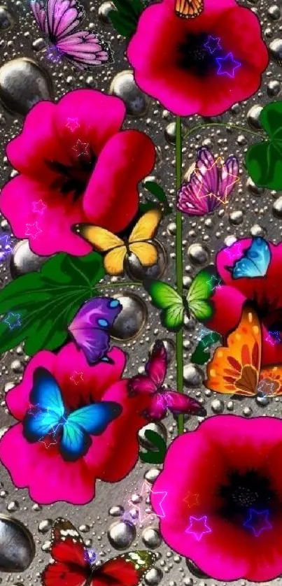 Vibrant pink flowers and butterflies on a dynamic background.