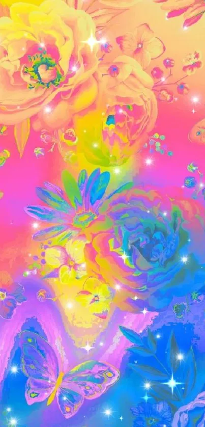 Vibrant floral and butterfly fantasy wallpaper with rainbow colors.