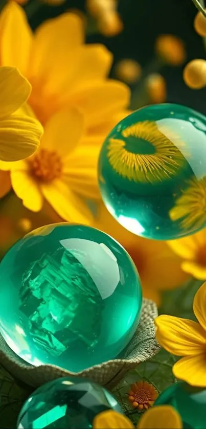 Yellow flowers and green crystal spheres artwork wallpaper.