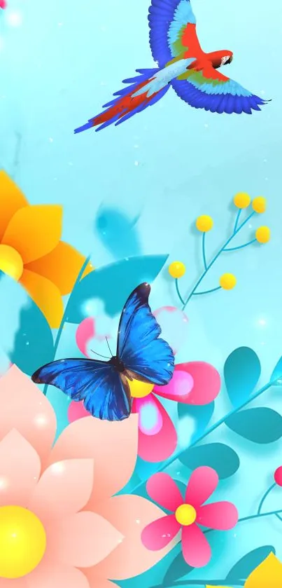 Colorful wallpaper with flowers, butterfly, and a parrot on a blue background.