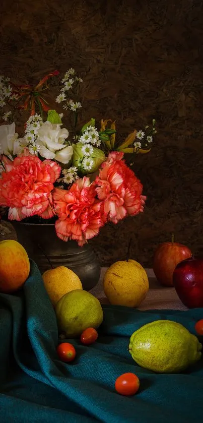 Colorful wallpaper with flowers and fruits against a teal background.