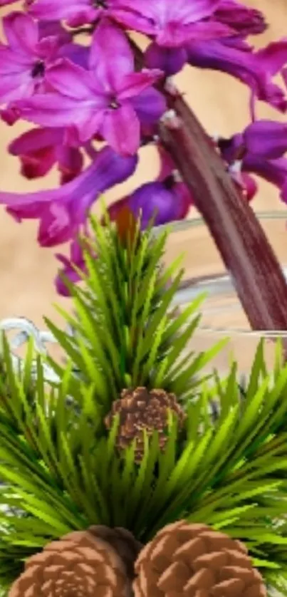 Vibrant purple flowers with green pine design.