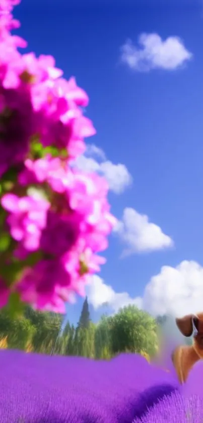 Puppy in vibrant flower field with blue sky and clouds.