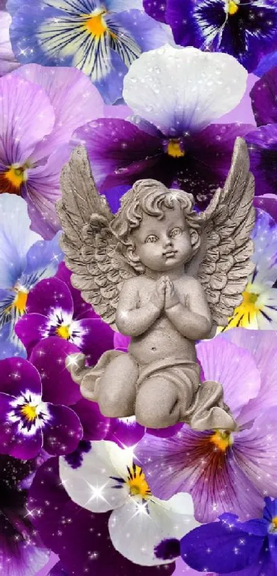 Vibrant purple floral wallpaper with angel.