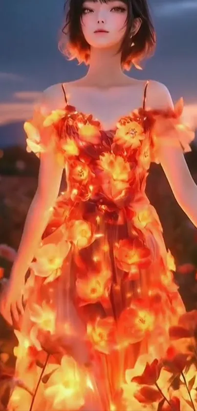 Anime girl in a glowing floral dress at sunset.