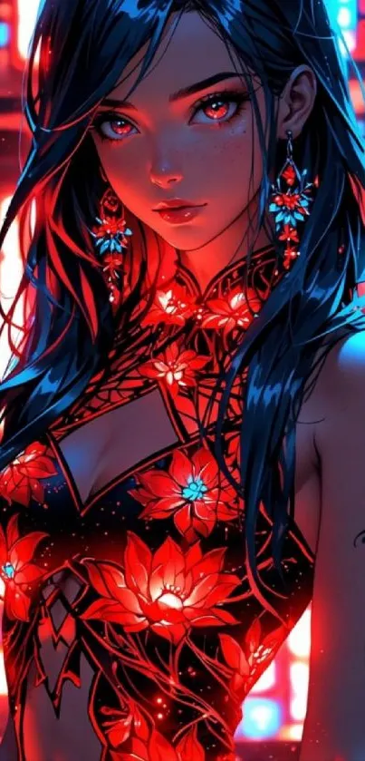 Anime girl with dark hair and floral dress in vibrant colors.