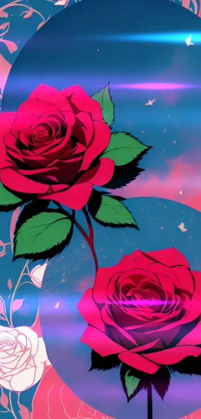 Anime wallpaper with red roses and cosmic blue background.