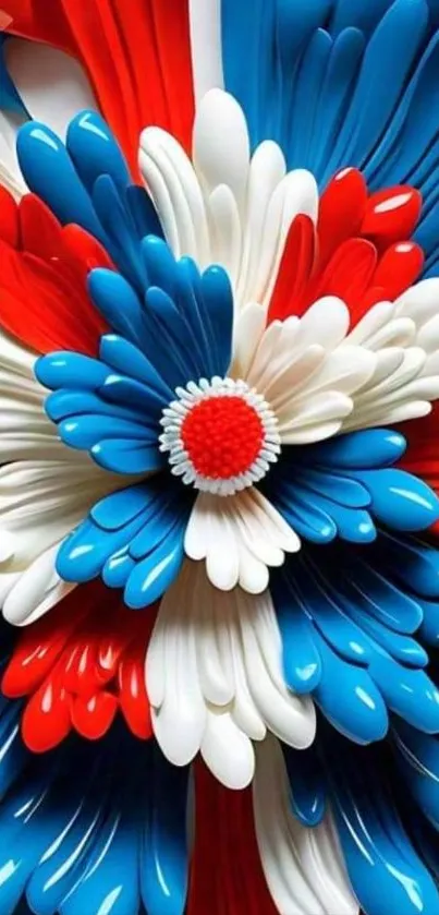 Colorful floral design with blue, red, and white petals.