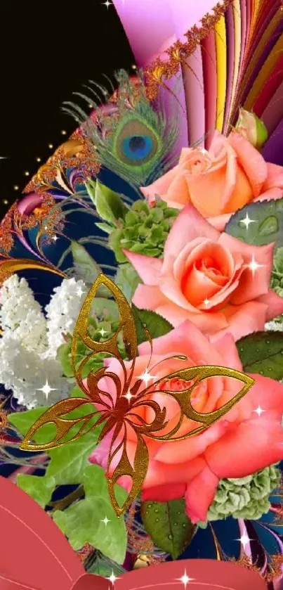 Colorful floral art wallpaper with roses and patterns.