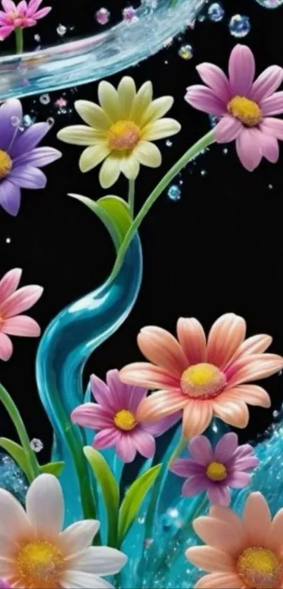 Vibrant floral artwork with colorful daisies on a black background.