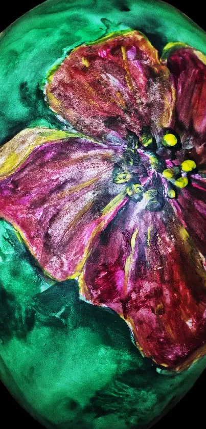 Mobile wallpaper featuring vibrant floral art on a green background.
