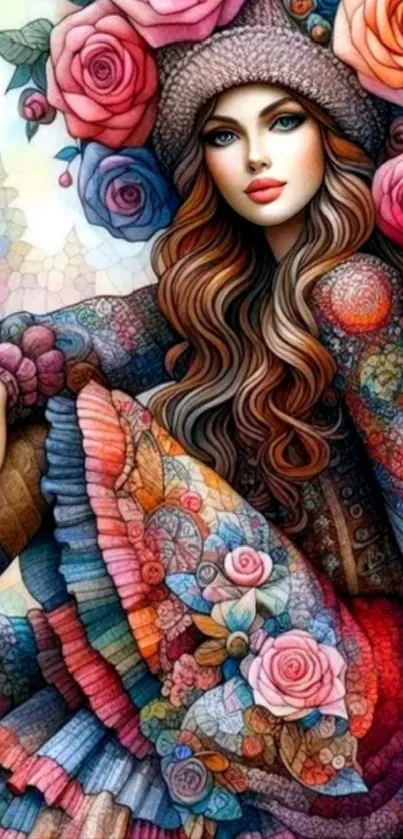 Colorful floral wallpaper featuring an artistic, stylized woman.