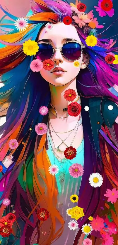 Vibrant portrait of a woman with colorful hair and flowers.