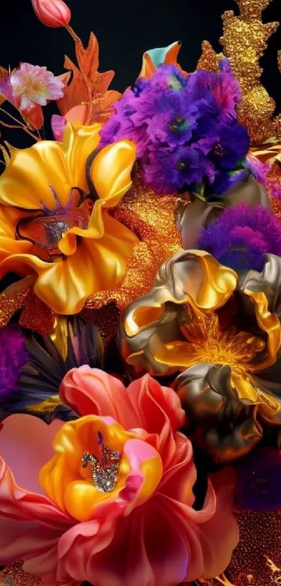 Vibrant floral mobile wallpaper with orange, purple, and gold colors.