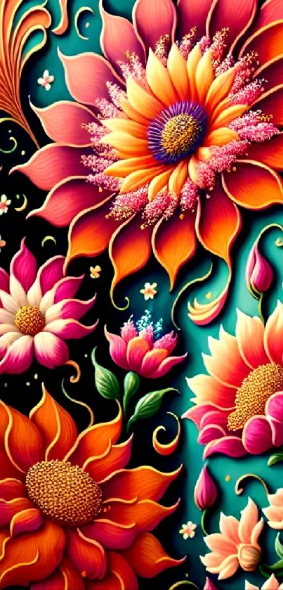Vibrant floral art wallpaper with colorful flowers and intricate designs.