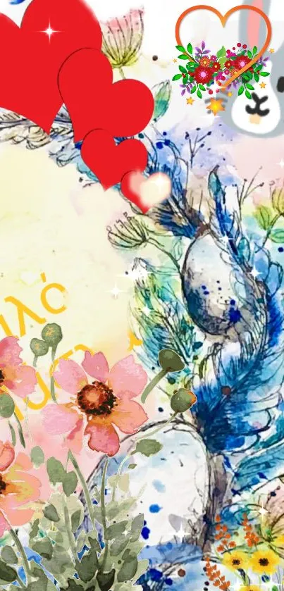 Colorful floral art wallpaper with hearts and a playful rabbit illustration.