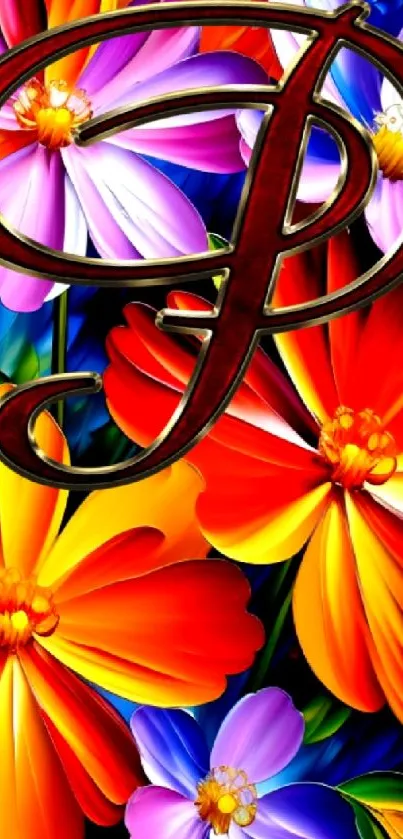 Colorful floral wallpaper with artistic letter P.