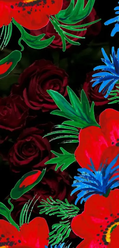 Vibrant floral wallpaper with red and blue flowers on a dark background.