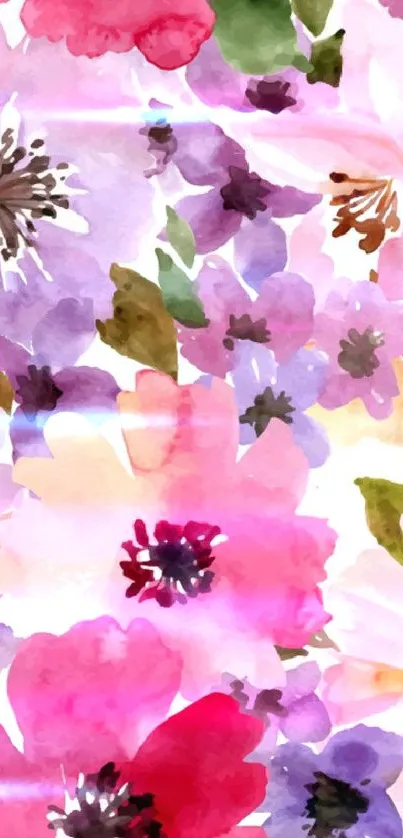 Watercolor floral wallpaper with pink and purple flowers.