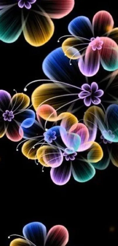 Vibrant neon floral pattern on black background.