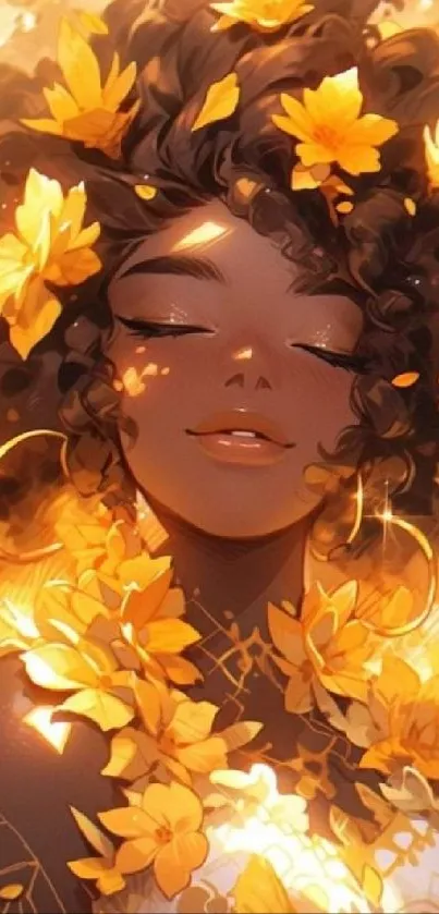 Vibrant artwork of a character with golden floral accents.